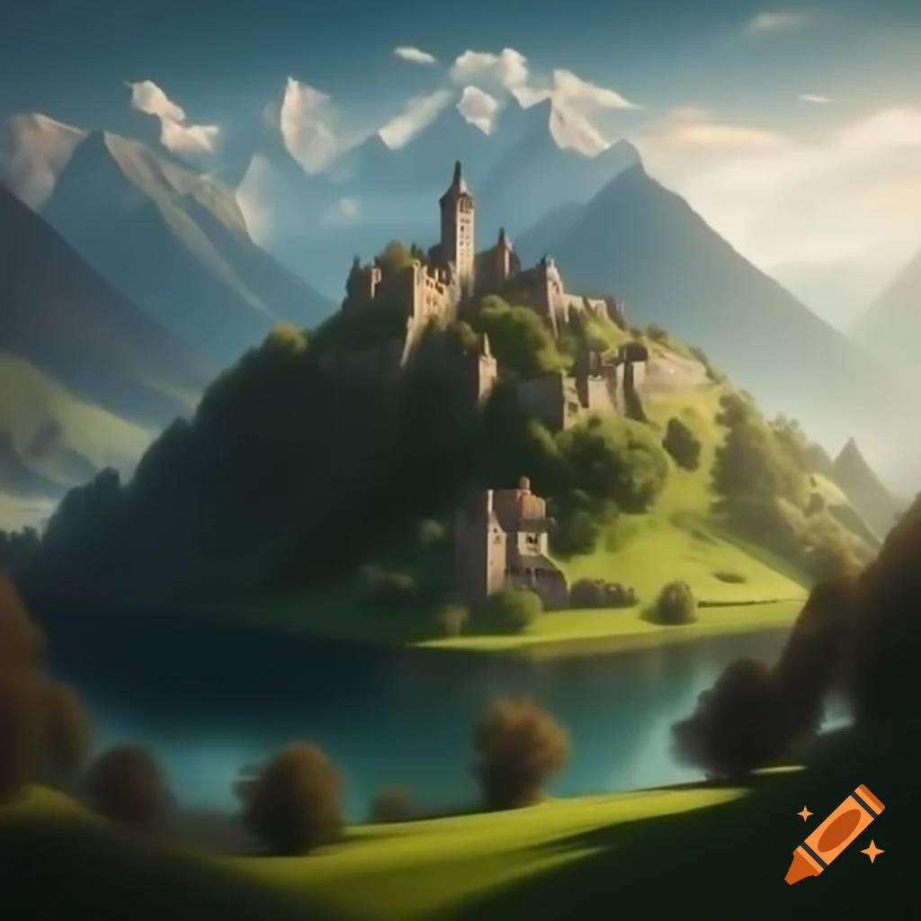 Medieval fortress atop green hill next to lake with colorful sunset on ...