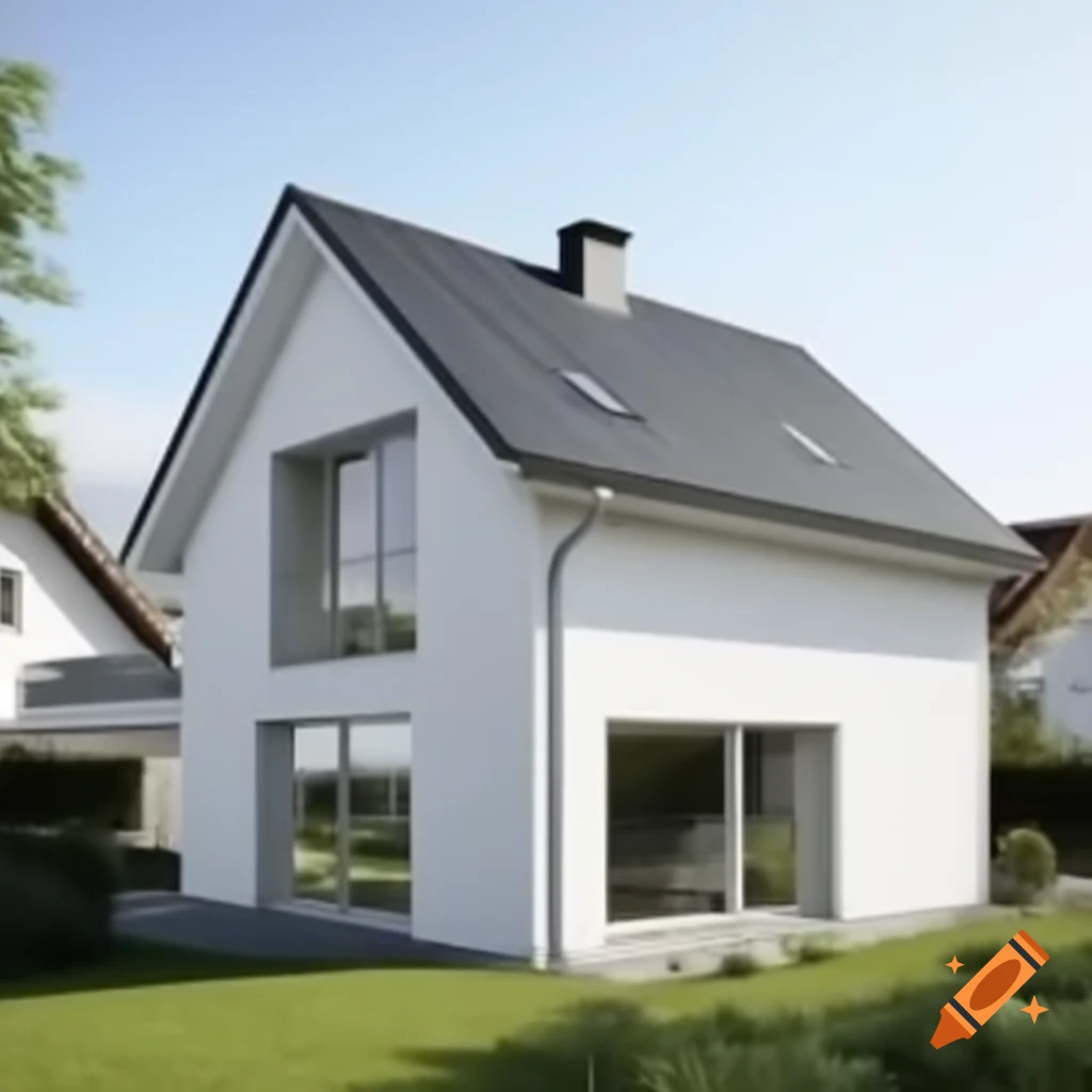 1.5-story single-family house with light gray windows, dark red entrance door, white walls, and red roof