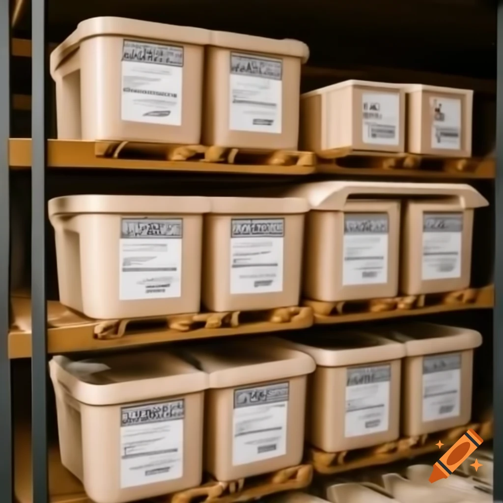 Plastic container totes labeled on multiple shelves