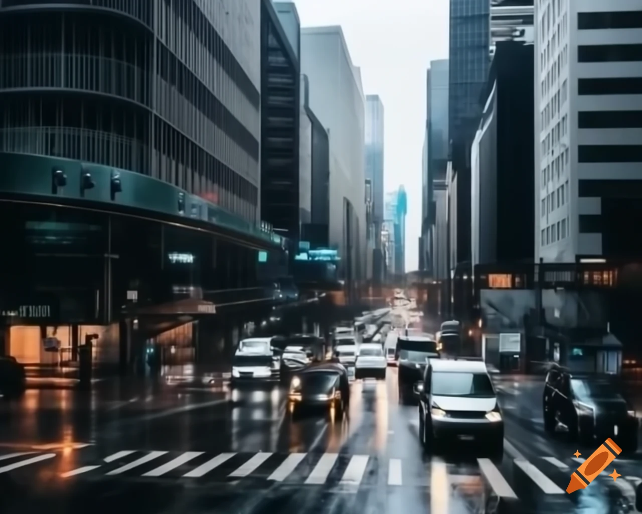 Busy city scene in rainy weather