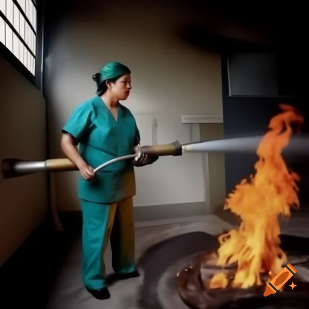 Female nurse extinguishing fire at hospital