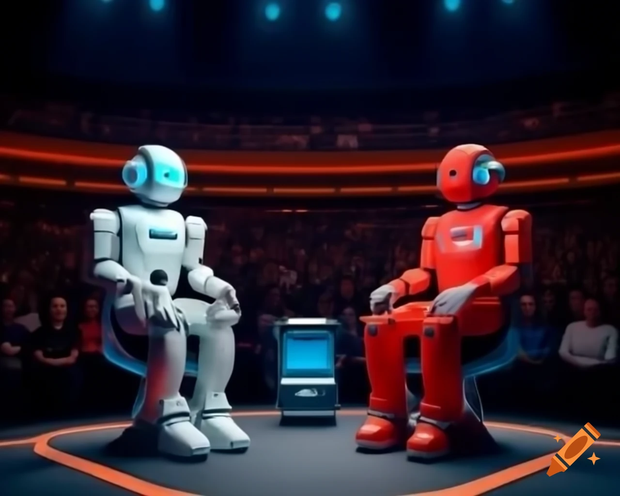 Humanoid robots in televised debate, one with red outfit and the other with blue, showcasing advanced AI