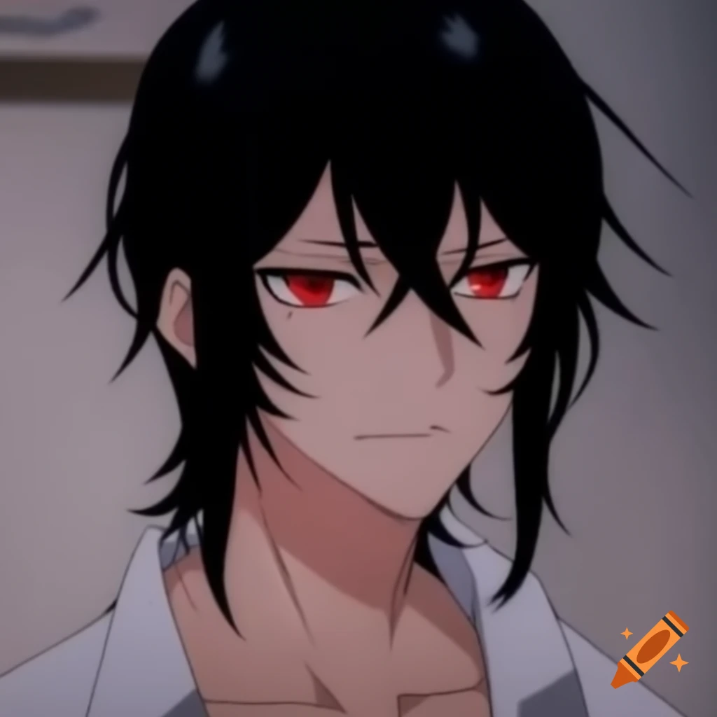 Anime character with long black hair, red eyes, and toned physique on ...