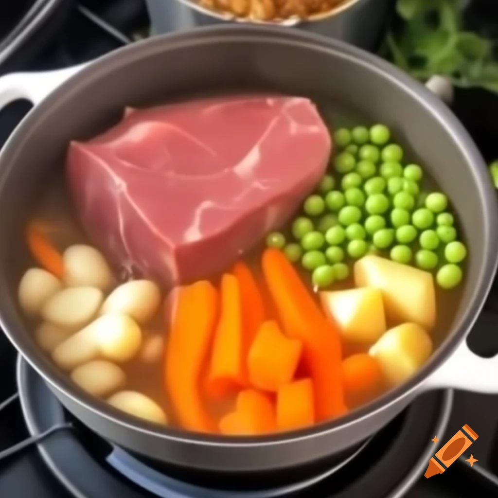 Side view of soup in transparent pot with meat, potatoes, peas, garlic, and carrots