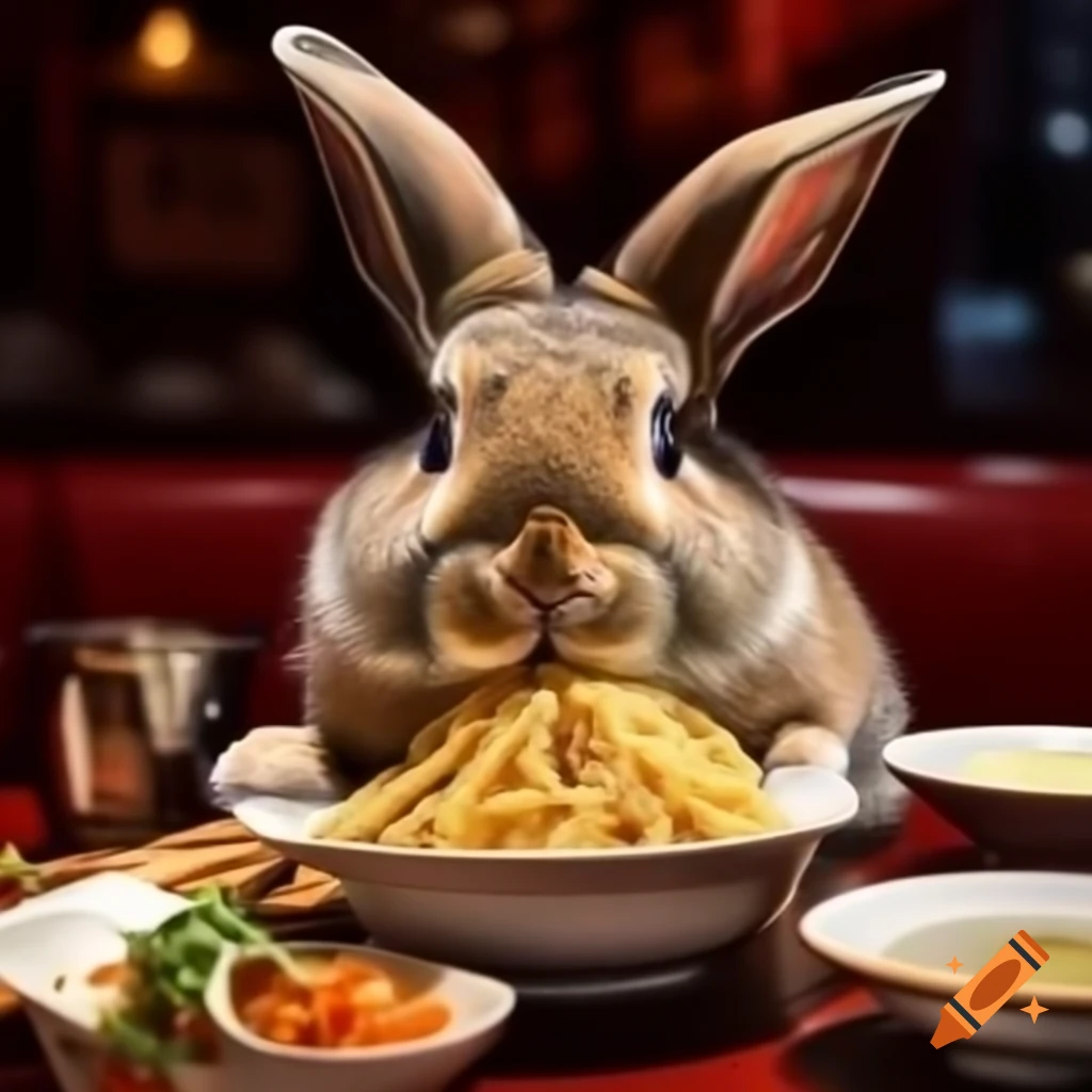 Rabbit enjoying noodles at a Chinese restaurant