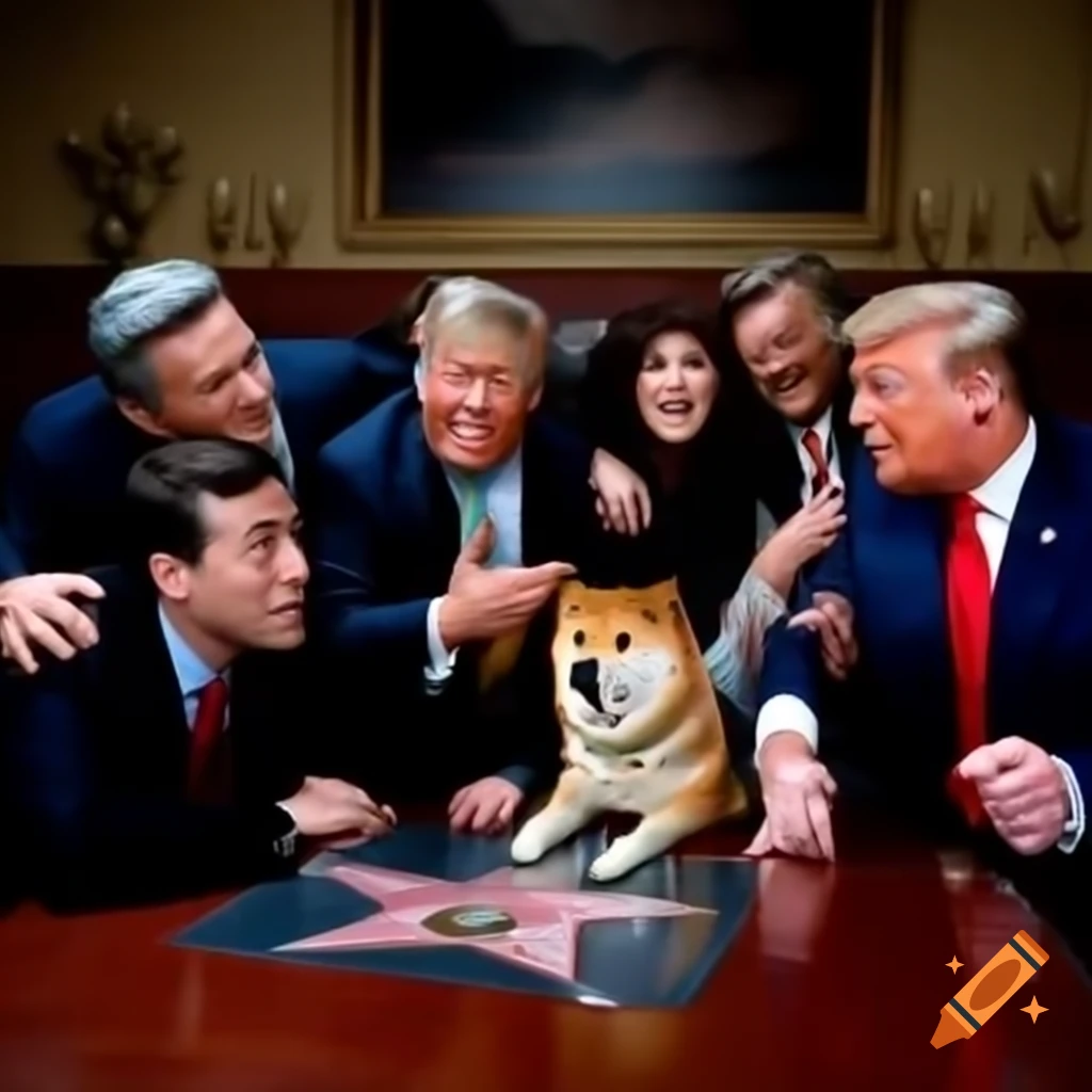 Playful meeting of President Trump, Elon Musk, and the Doge meme at a table