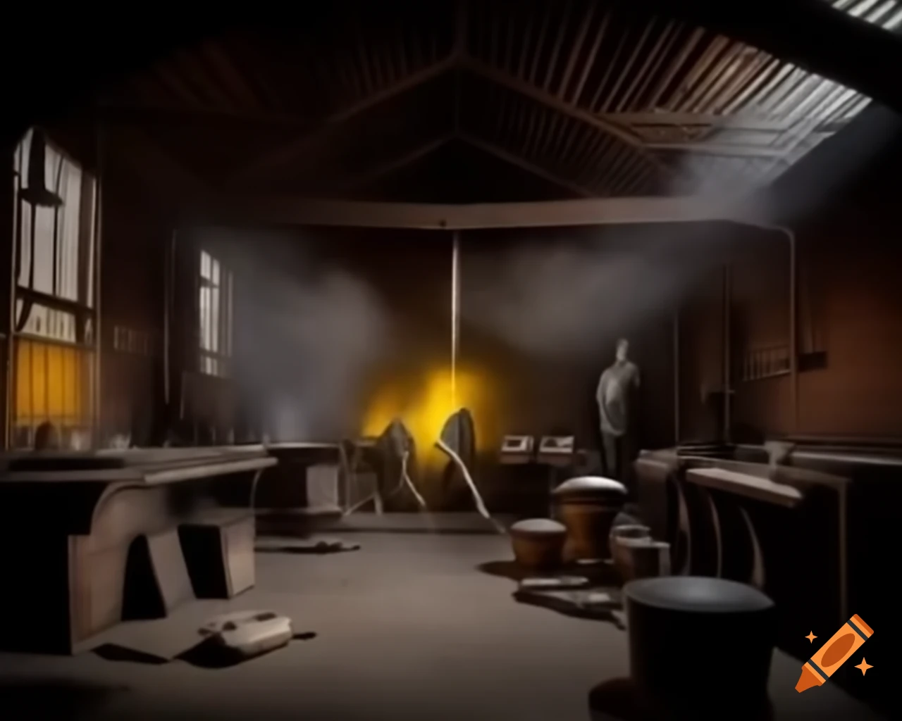 Realistic historical workshop with workers boiling animal fat for glue, brick walls and wooden beams