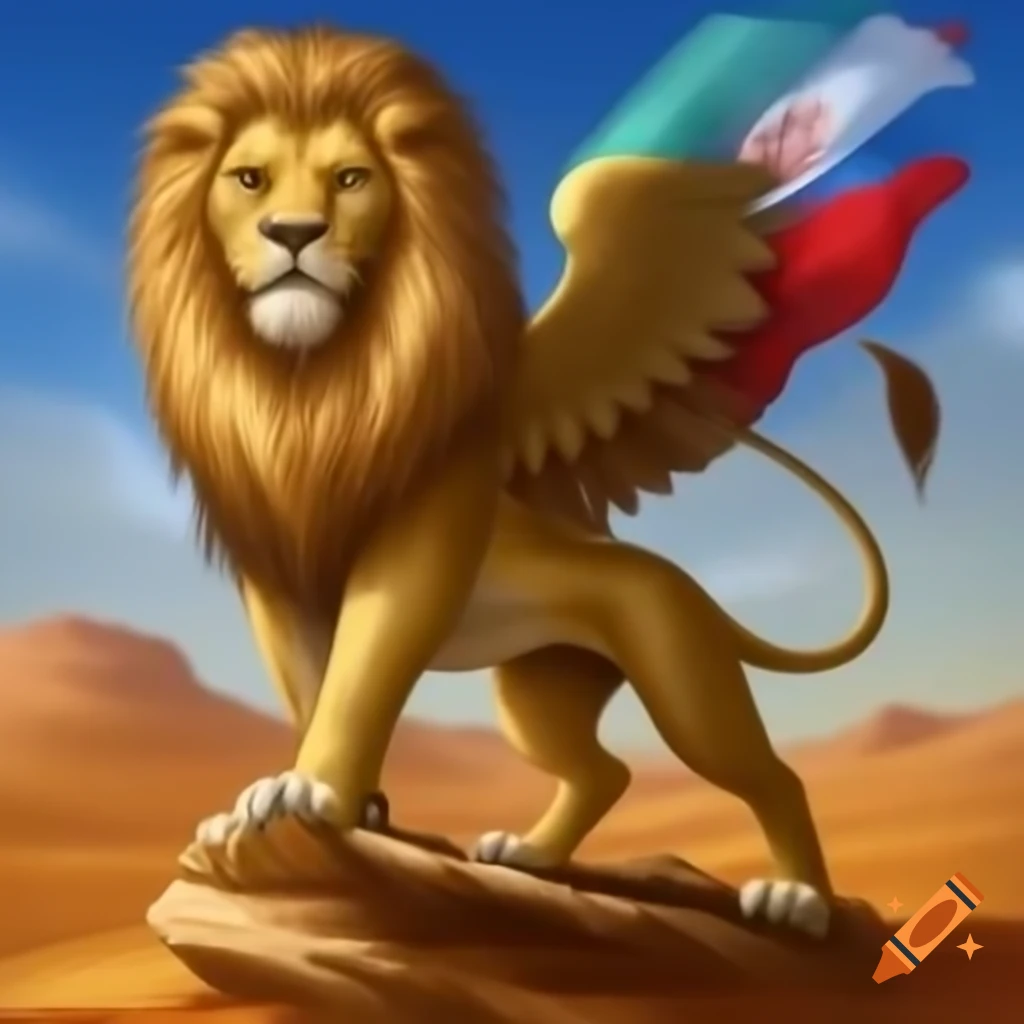 Iranian flag featuring lion and sun with a sword