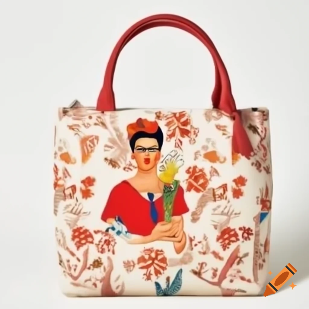 Eco-friendly beige canvas bag inspired by Frida Kahlo's art featuring colorful floral patterns and vibrant Mexican motifs