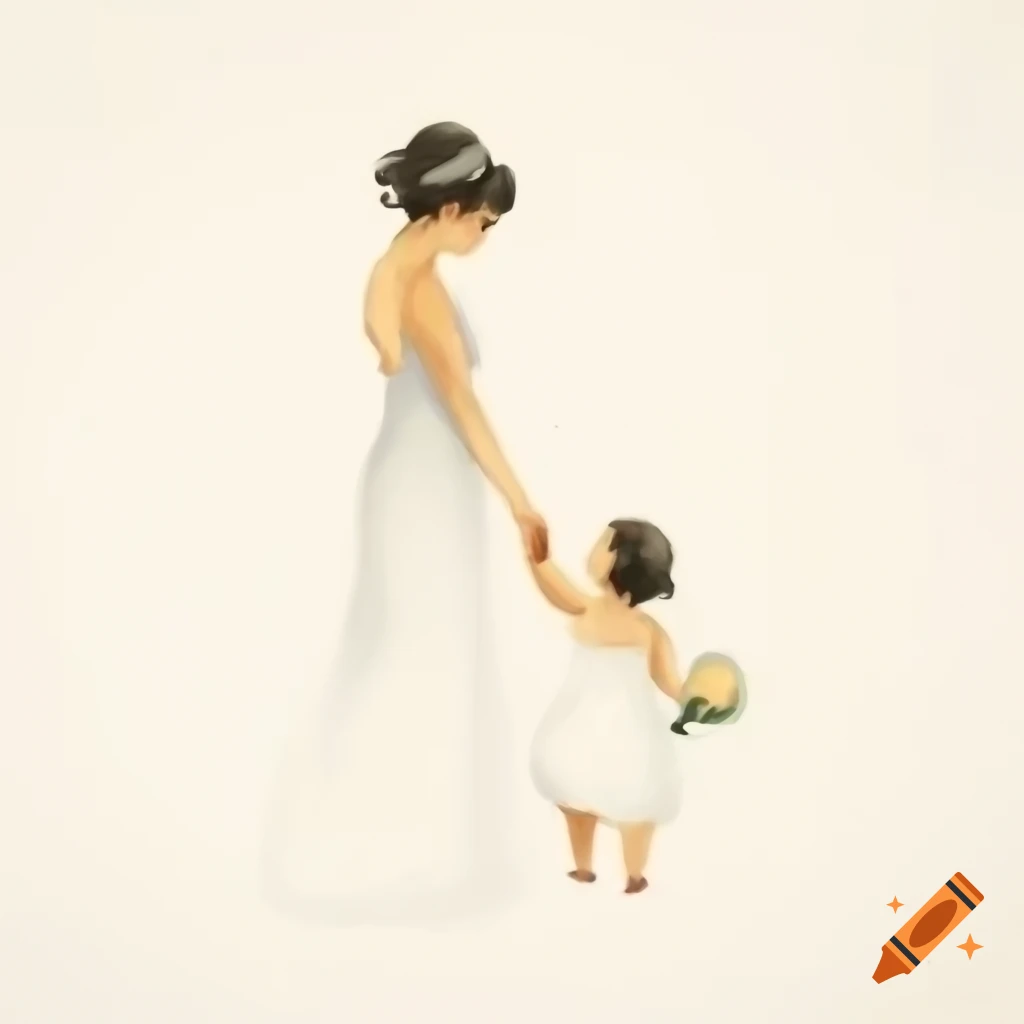 Watercolor painting of woman and toddler bridesmaid holding hands from behind