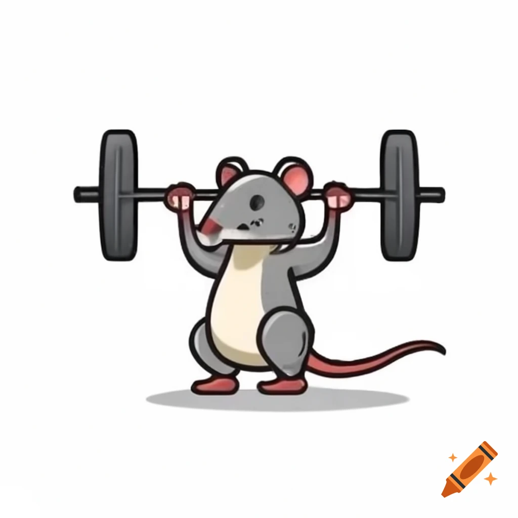 Athletic rat lifting miniature barbell and displaying gold medal on podium