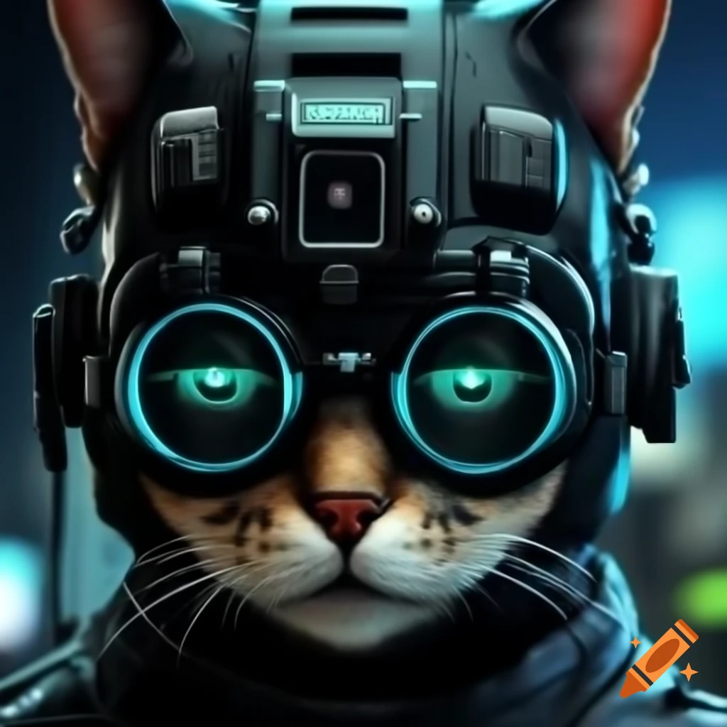 Cyberpunk cat helmet with glasses on human male resembling Batman on ...