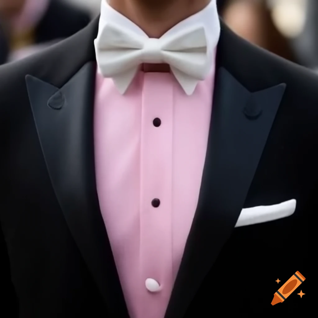 Black suit with pink undershirt and white bow tie