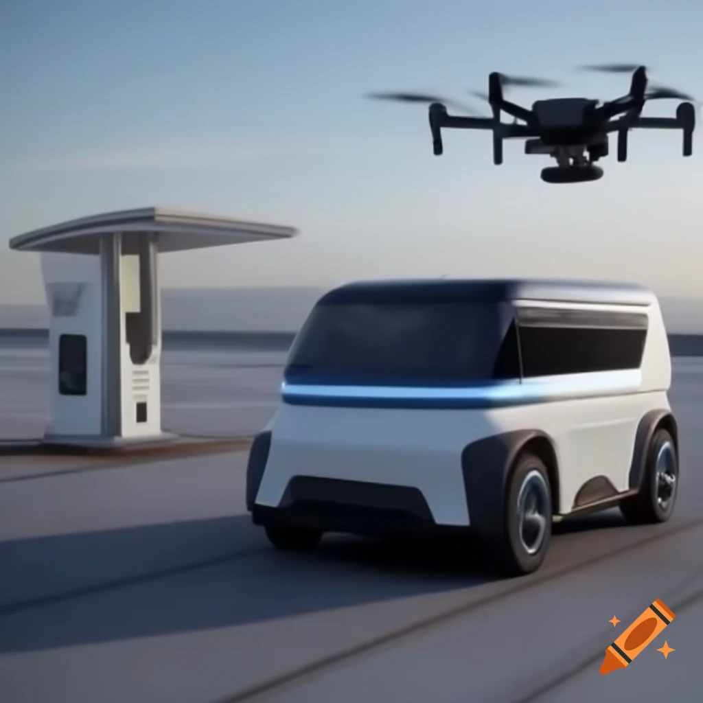 Autonomous vehicle with drone docking station and three drones carrying a box