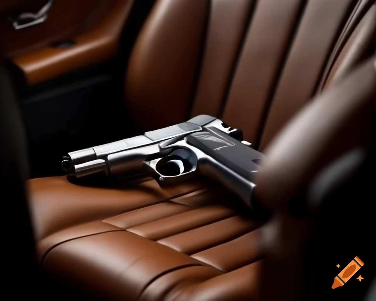 Pistol on brown leather seat of Mercedes-Benz C-Class, showcasing luxury