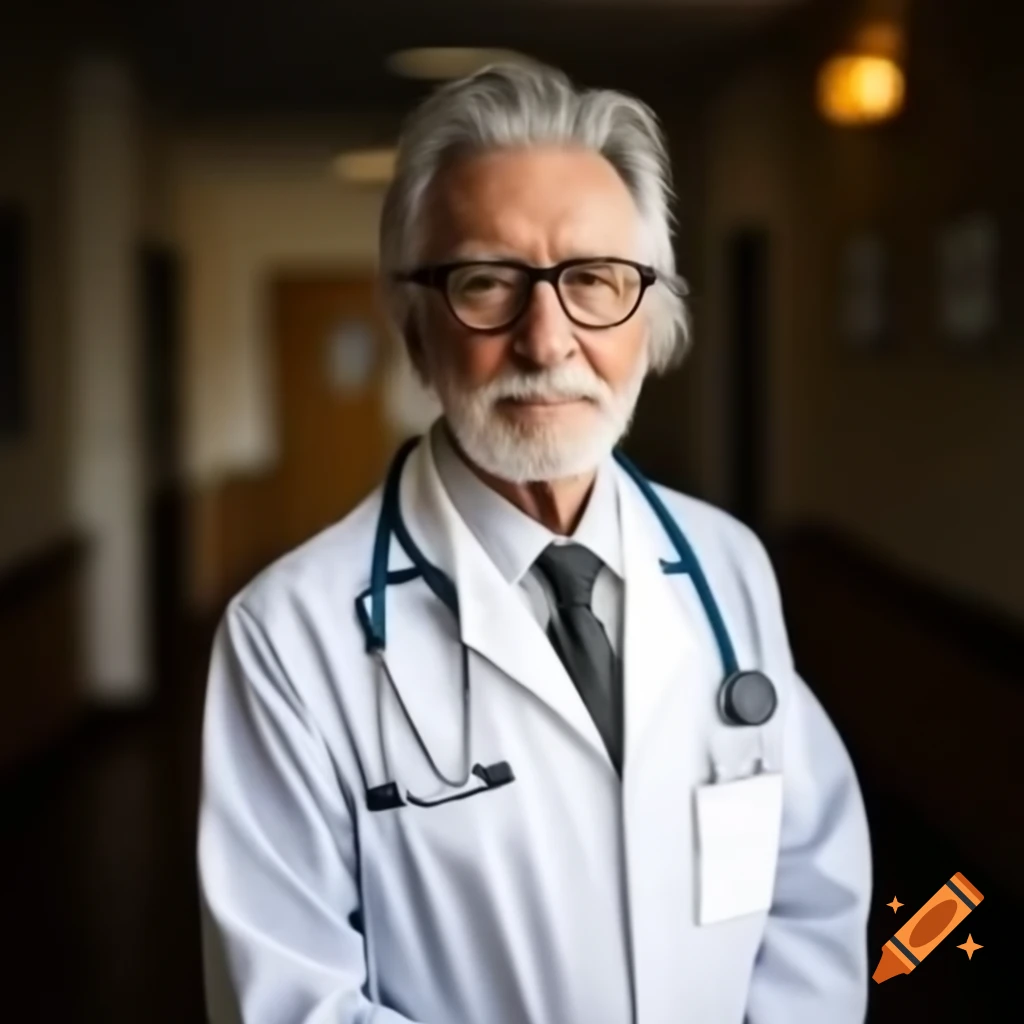 Elderly male doctor in white lab coat with stethoscope and glasses