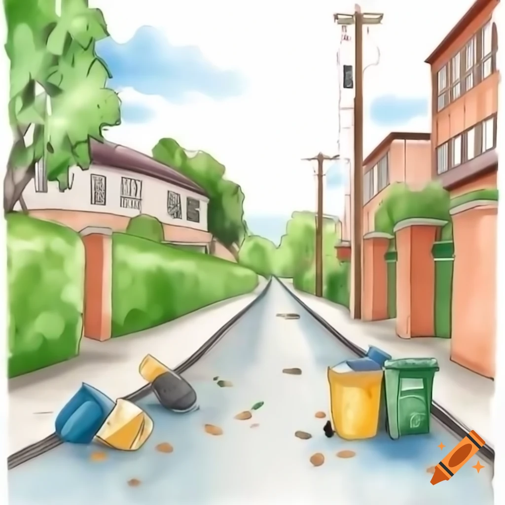 Hand-drawn street leading to school with scattered garbage on Craiyon