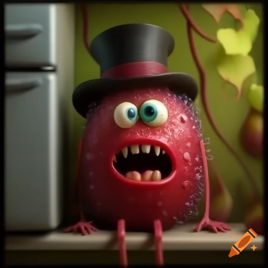 Carnivorous grape with googly eyes and top hat inside refrigerator