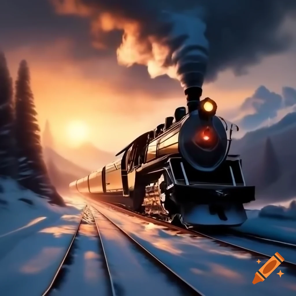Old steam train traveling through snowy mountains at sunset ...