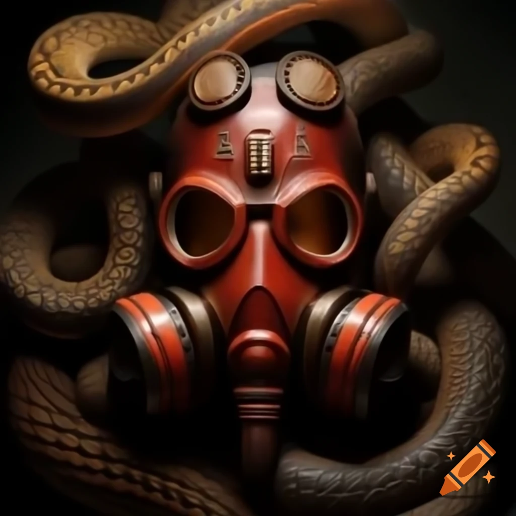 Crimson gas mask surrounded by venomous snakes, representing danger and resilience