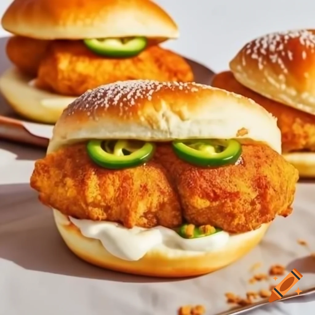Crispy chicken patty brioche buns with jalapeno and creamy spicy mayo