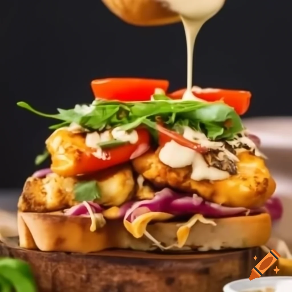 Vibrant Mediterranean sandwich with roasted cauliflower, eggplant, arugula, and tahini