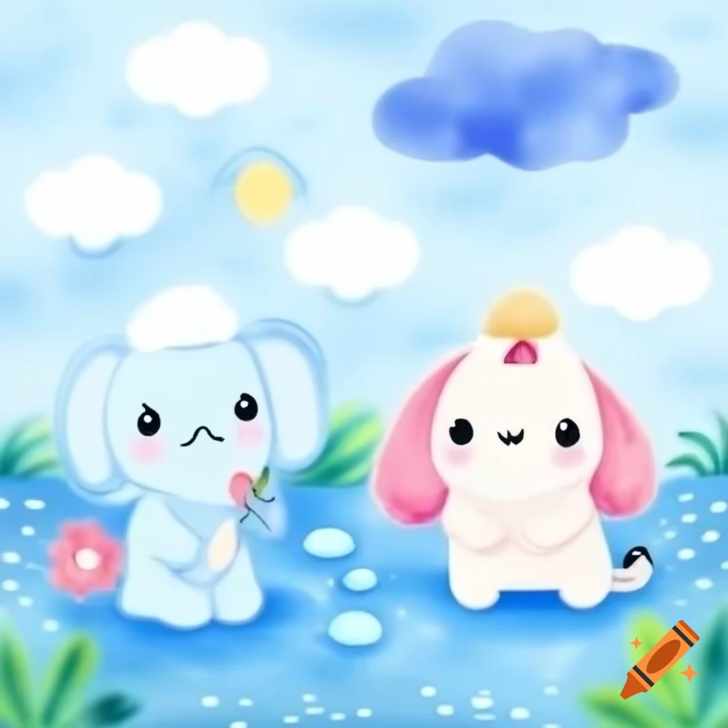 Pastel-colored cartoon style Songkran festival background with soft sky blue and pink hues