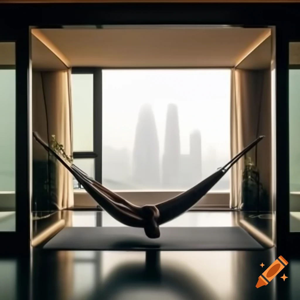 Picture of Empty yoga hammock in luxury penthouse with Shanghai city view on Craiyon