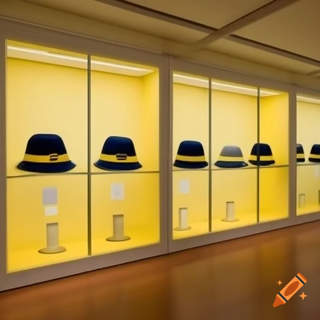 colorful-museum-exhibit-featuring-various-police-hats-on-pale-yellow