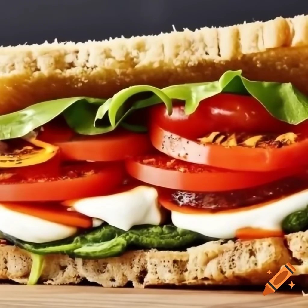 Vibrant super veggie sandwich with mushrooms, mozzarella, tomato, greens, and pesto