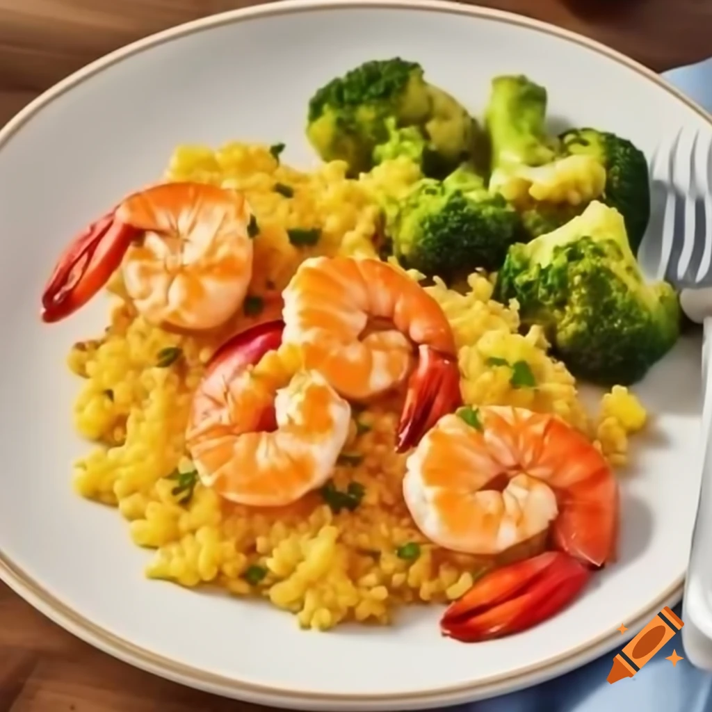 Grilled shrimp served with yellow rice and broccoli