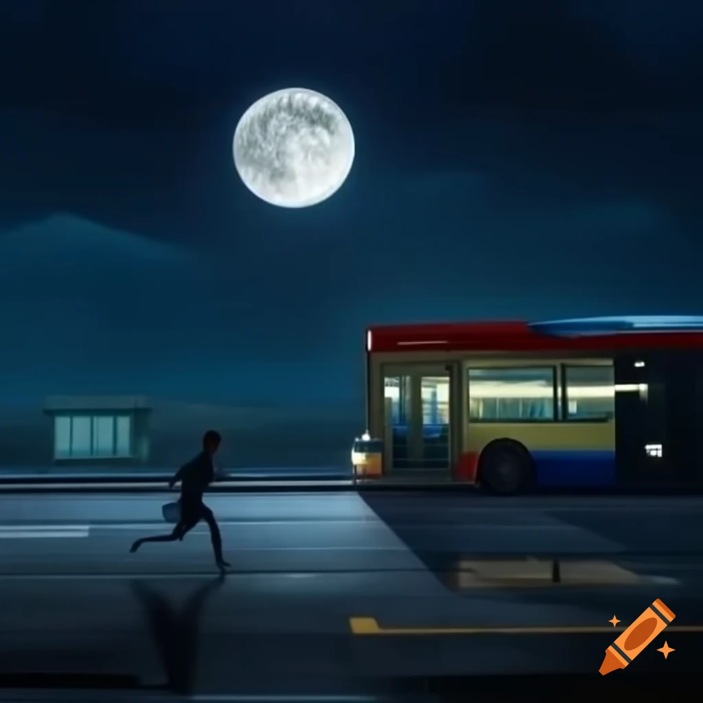 Lonely busway at night with full moon, man running in distance and bus nearby