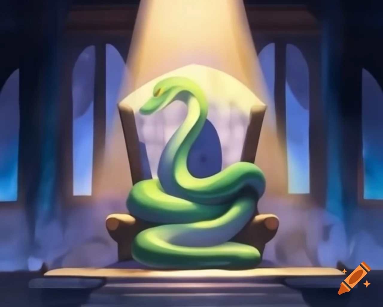 Snake king on throne with dramatic watercolor lighting