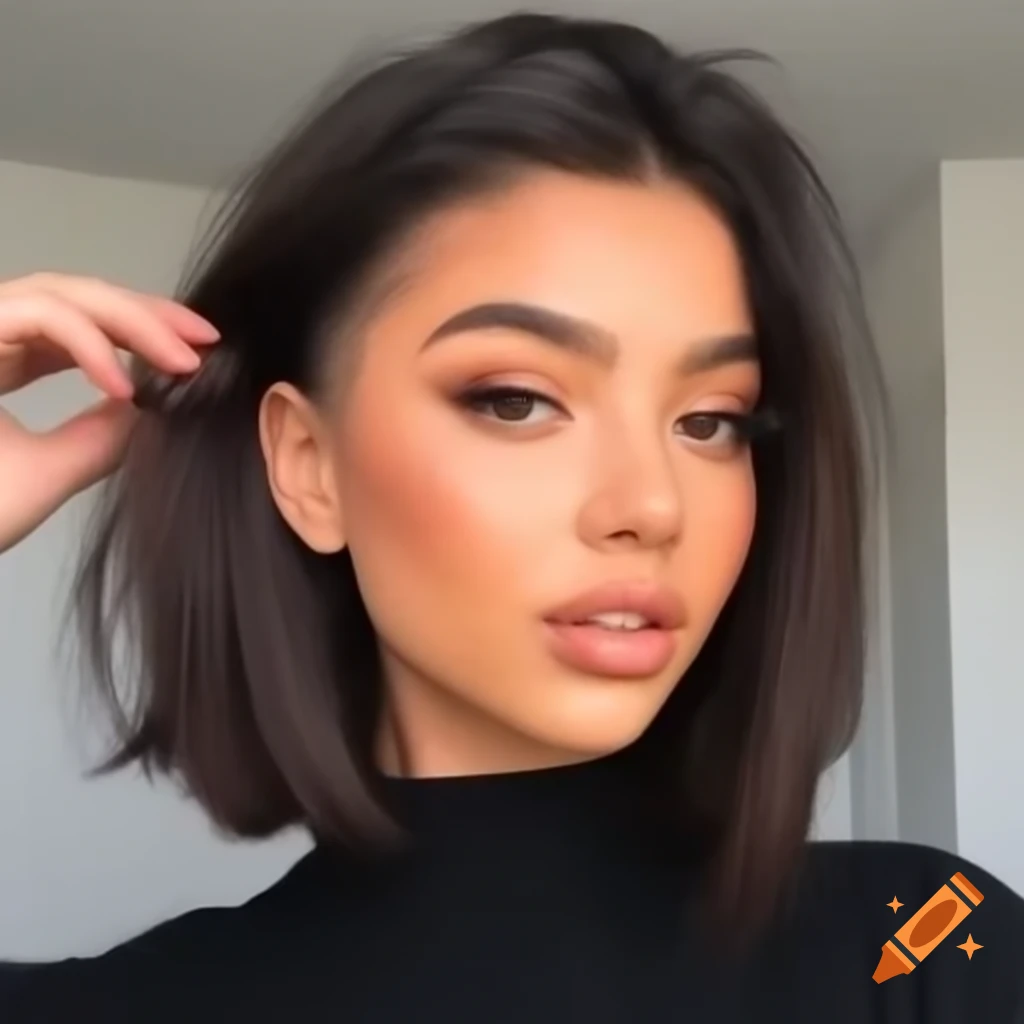 Young woman with asymmetrical bob and thick dark brown hair