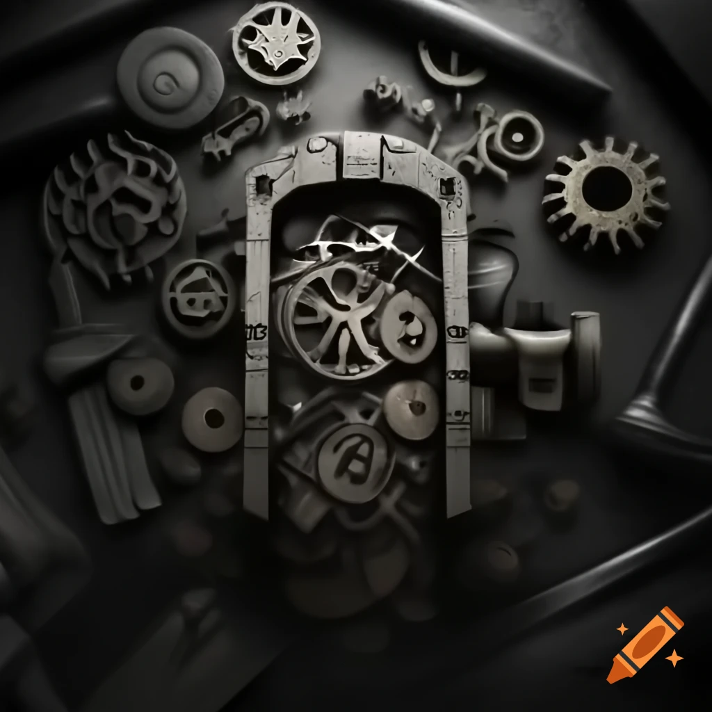 Complex mechanical lock with gears and tools in dark noir sketch on Craiyon
