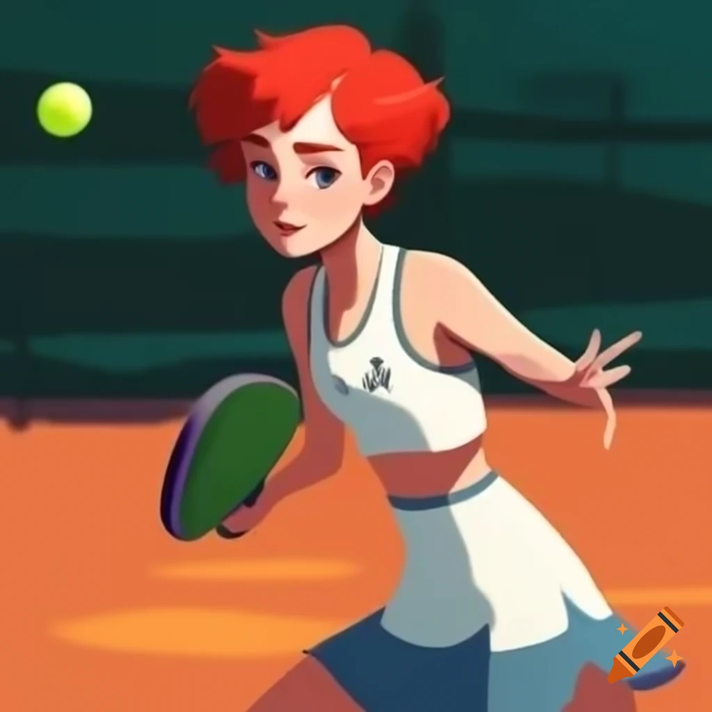 Caucasian female pickleball player with short red hair