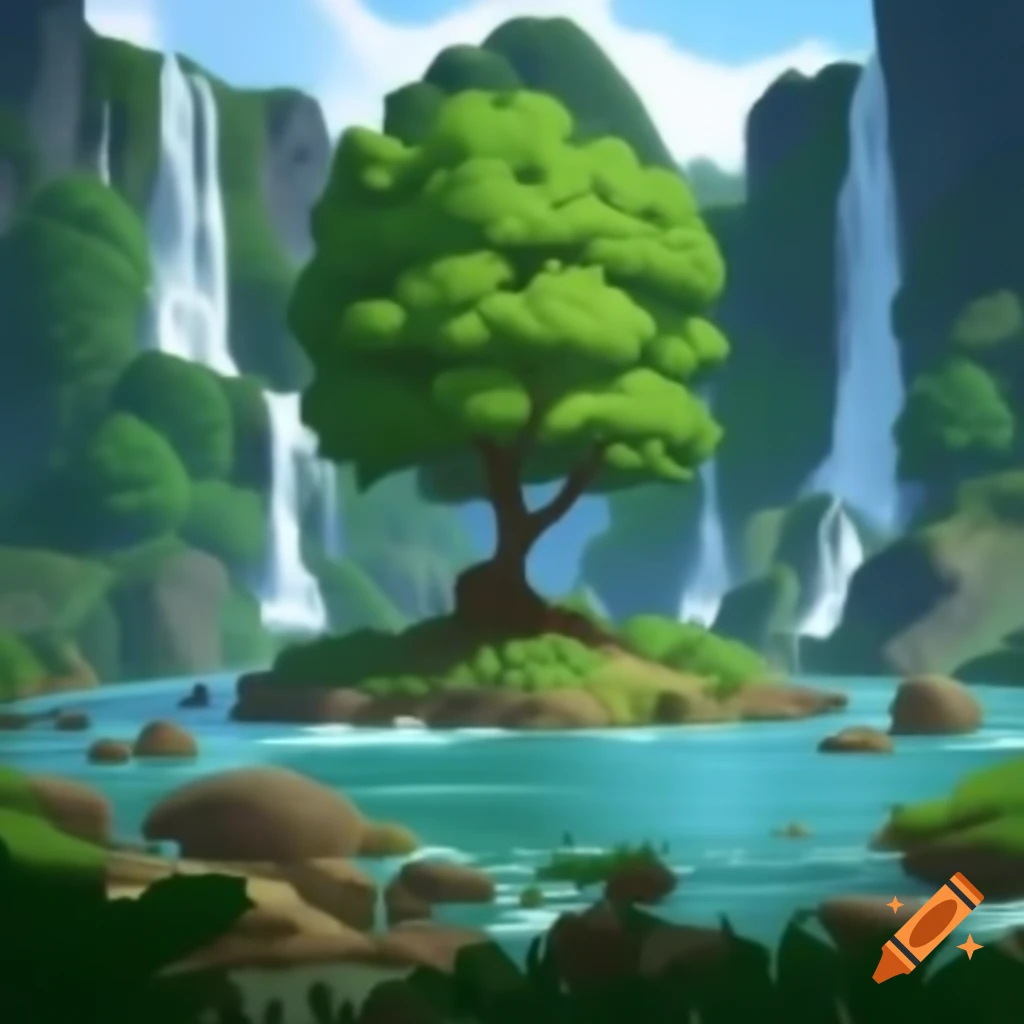 Tree in river with waterfalls beside it