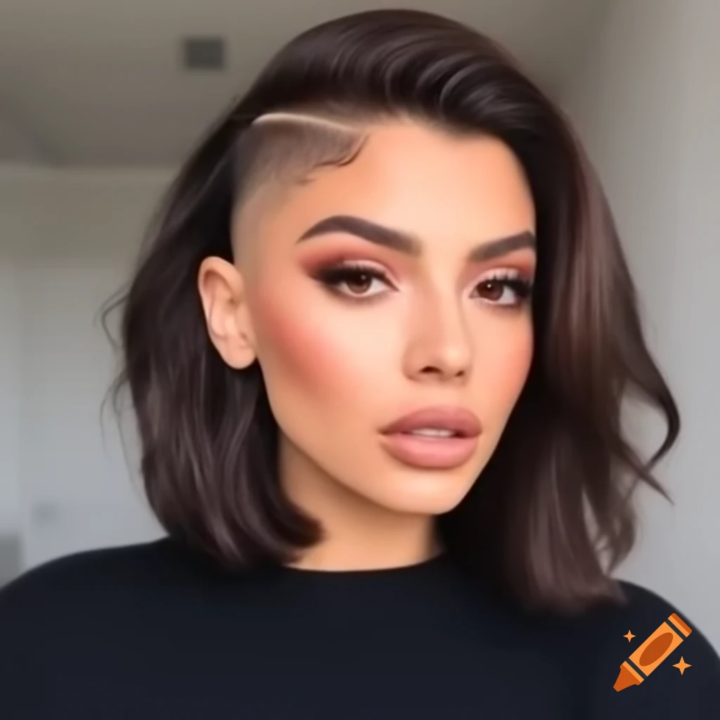 Mediterranean woman with thick dark brown hair in undercut bob hairstyle