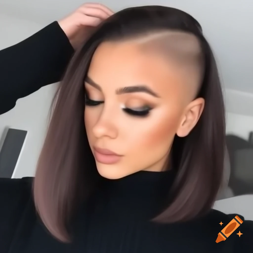Young woman with thick dark brown asymmetrical bob and shaved undercut