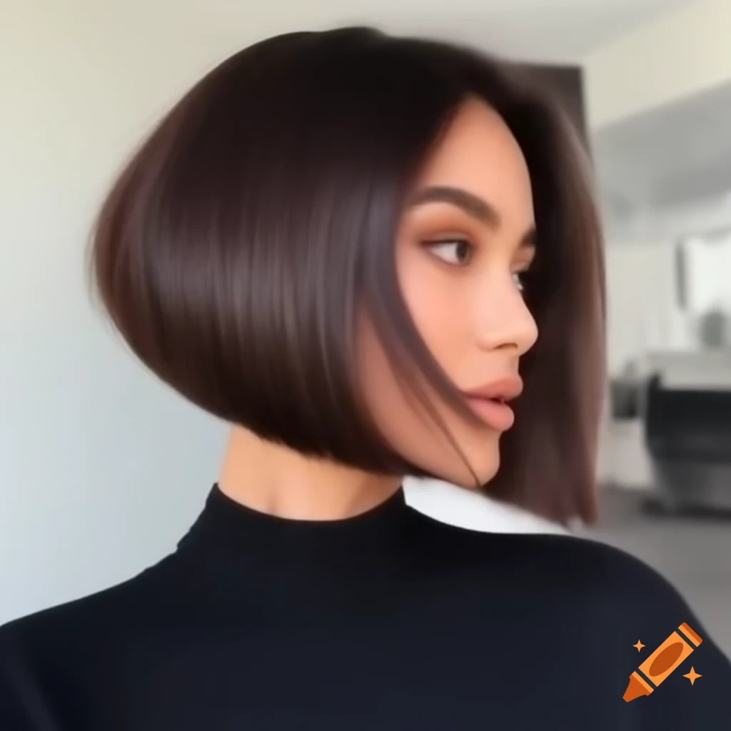 Young woman with asymmetrical bob and thick dark brown hair