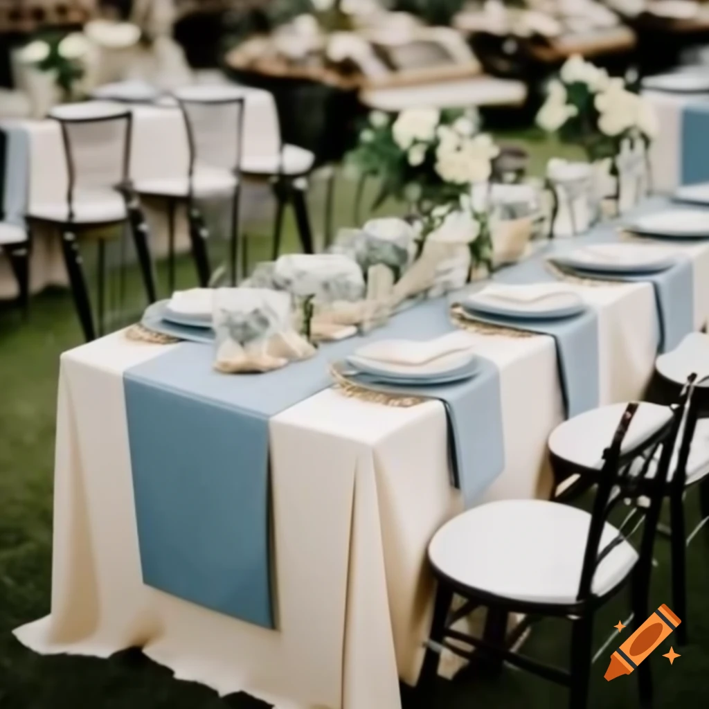 Elegant wedding reception with ivory tablecloth and dusty blue runners, featuring gold accents and white flowers