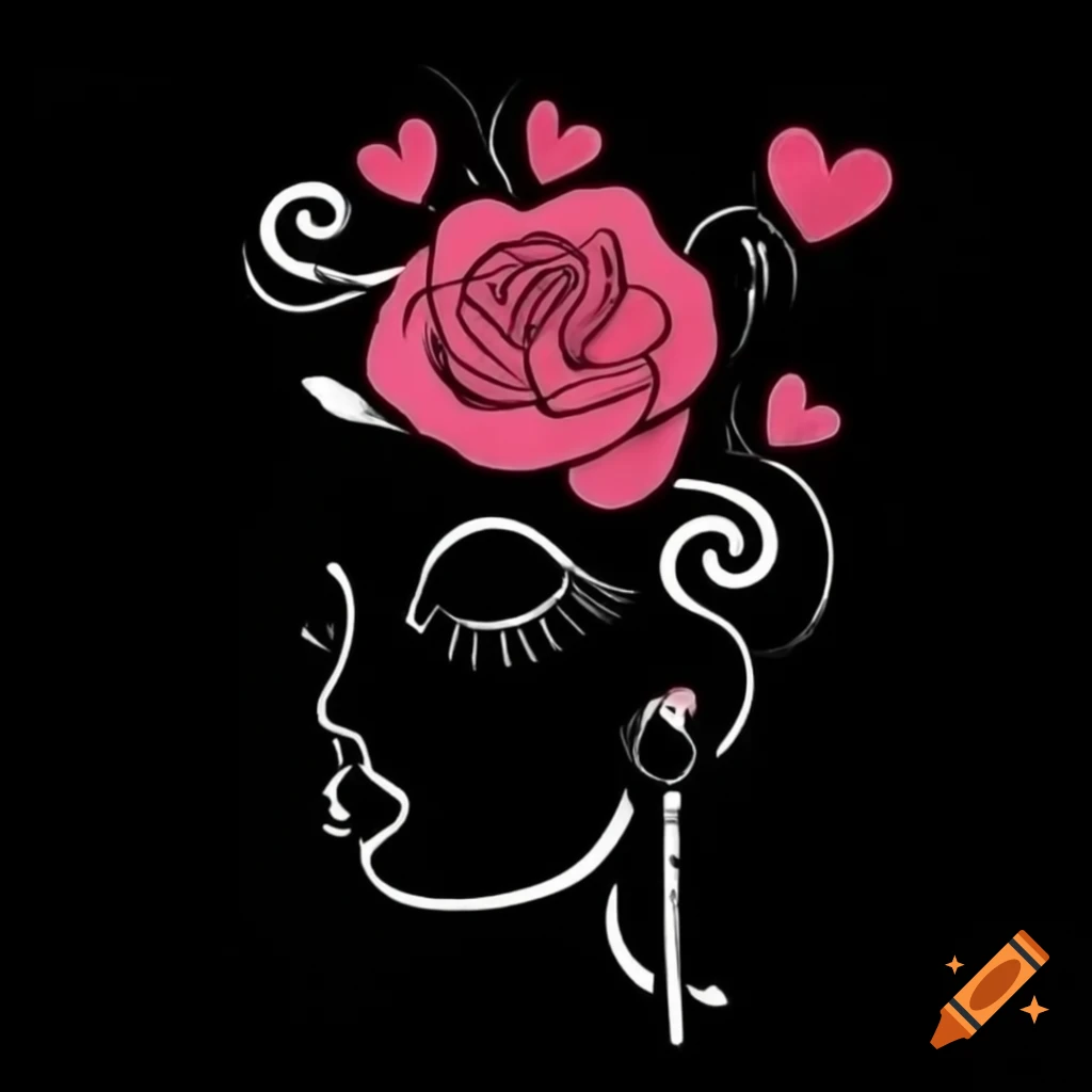 Surrealistic silhouette of a woman with realistic roses and hearts, pencil drawing style