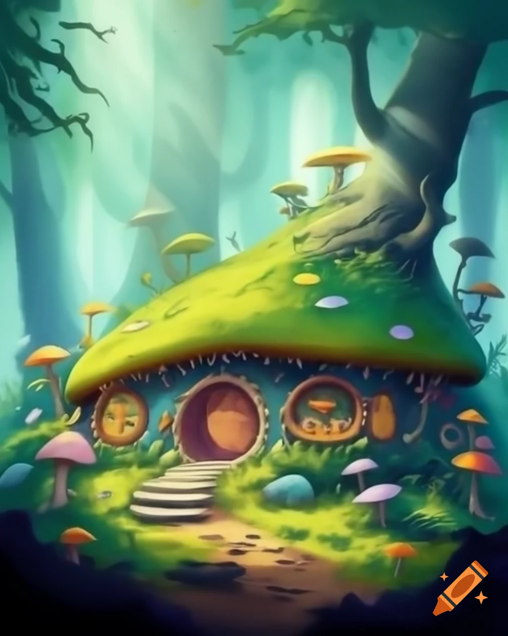 Mossy mushroom hobbit house in vibrant watercolor fantasy art