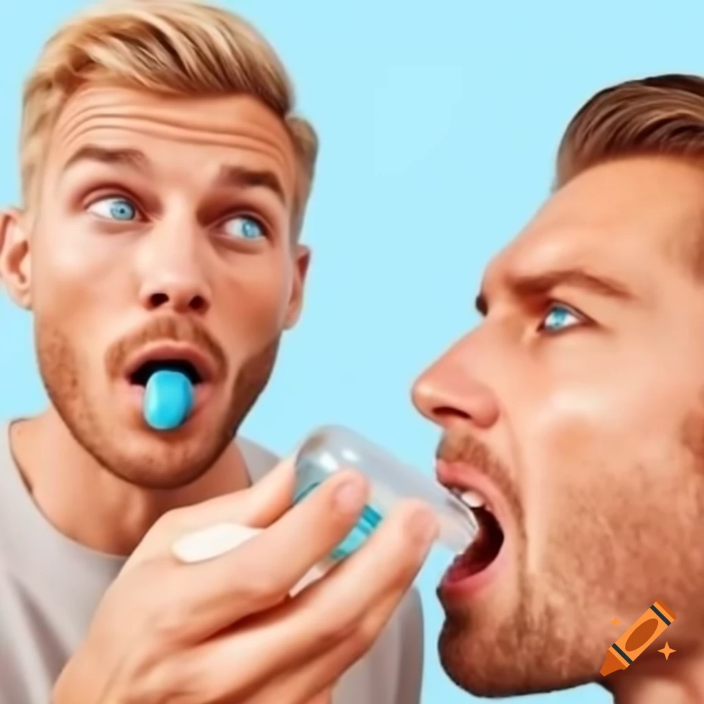 Two blonde men with blue eyes at pharmacy drinking cough medicine