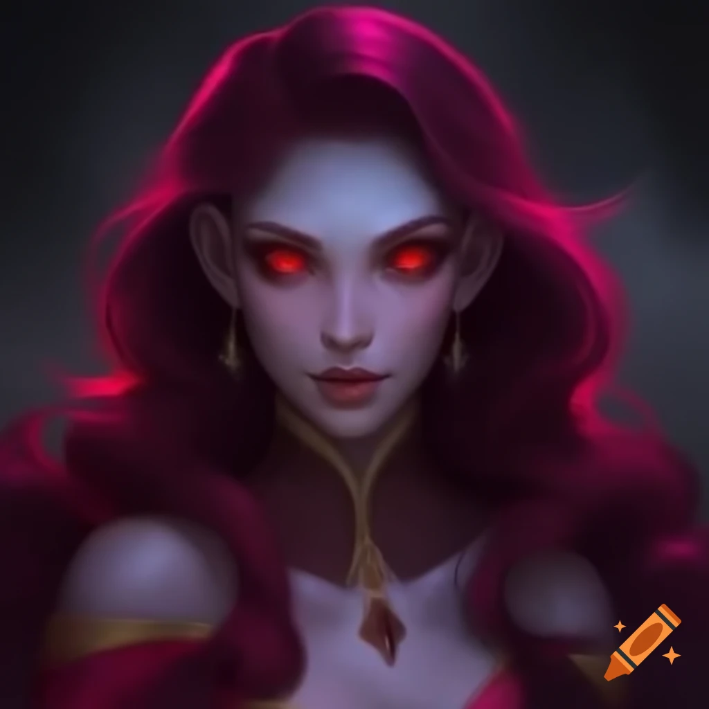 Confident woman with dark red eyes and long dark pink hair in a ...