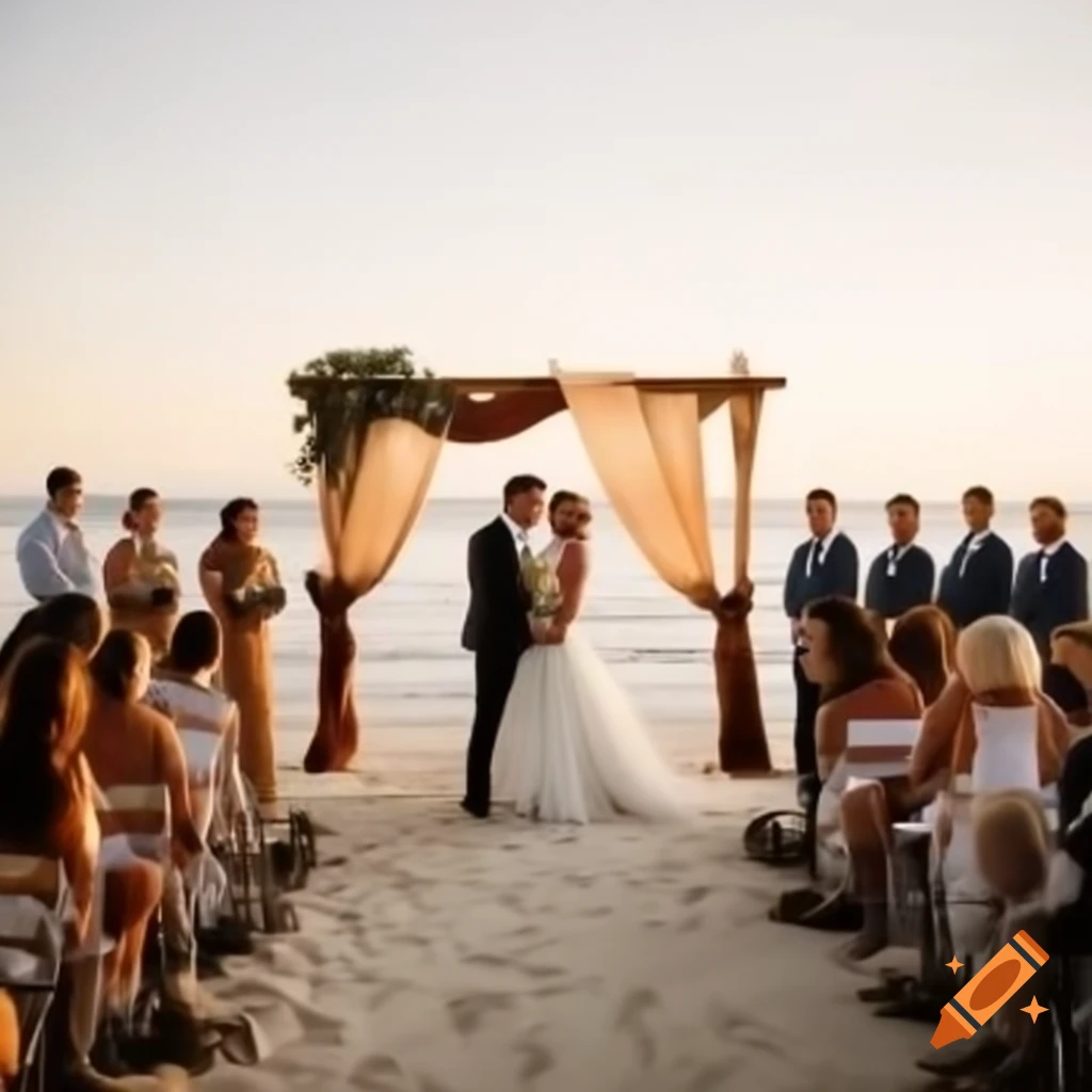 Romantic beach wedding at sunset with bride in bohemian dress and groom in linen suit