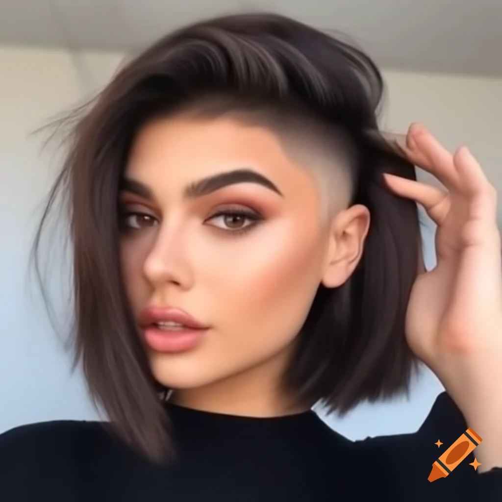 Young woman with thick dark brown asymmetrical bob and undercut ...