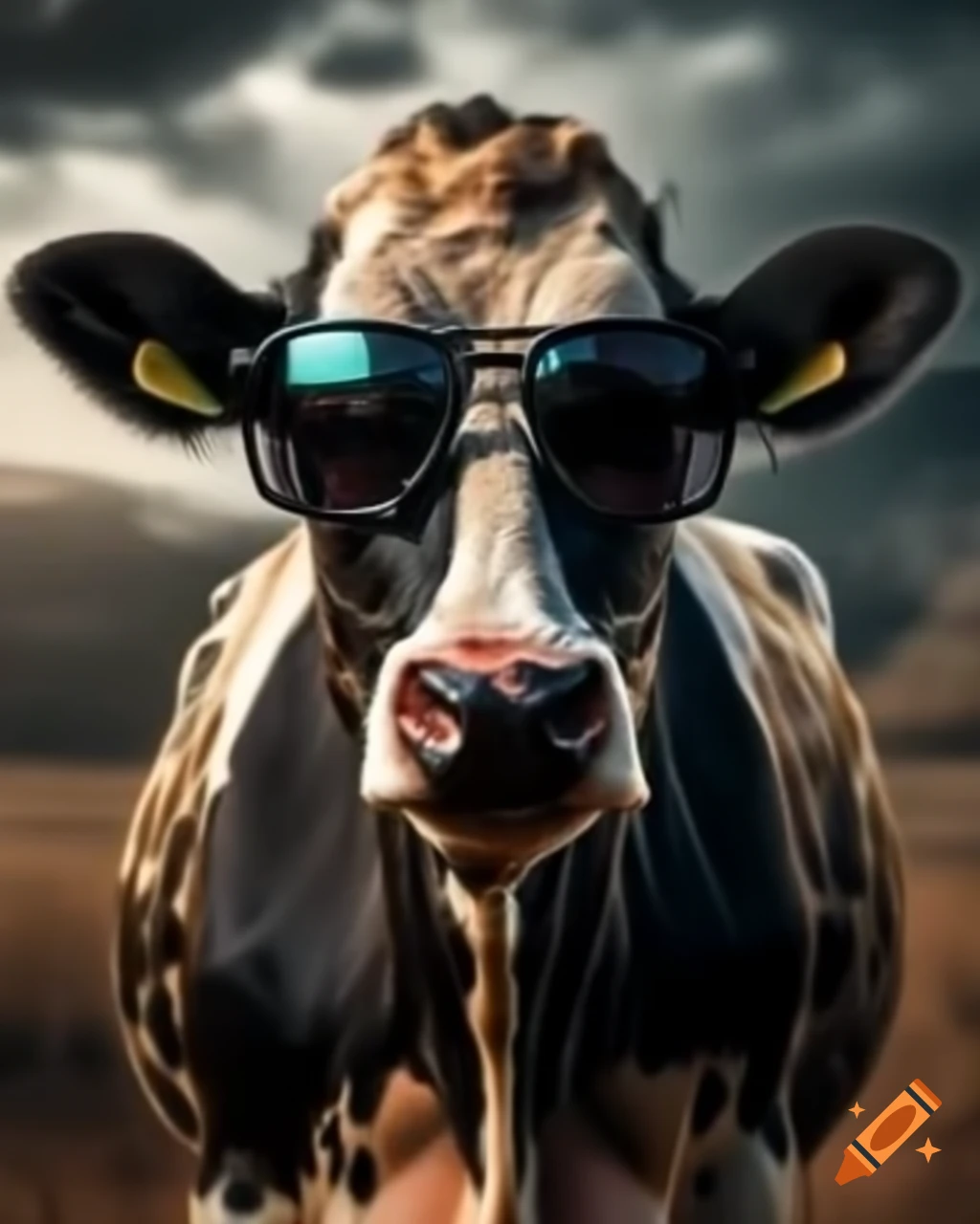 Angry simmental cow wearing black sunglasses against dark background