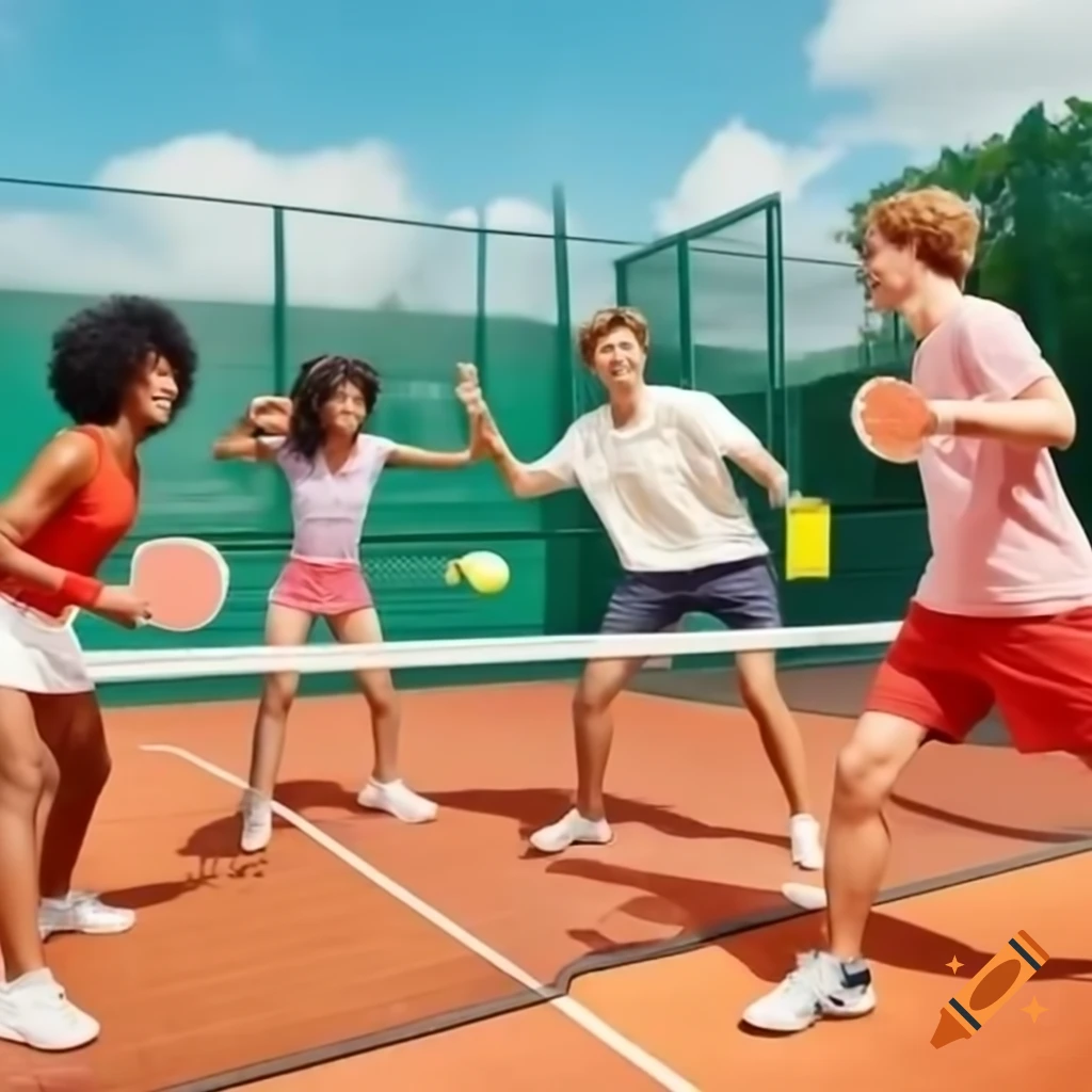 Happy people playing pickleball and celebrating with high fives