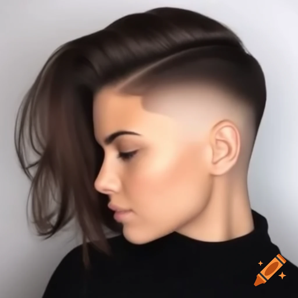 Young woman with asymmetrical bob and shaved undercut, thick dark brown hair